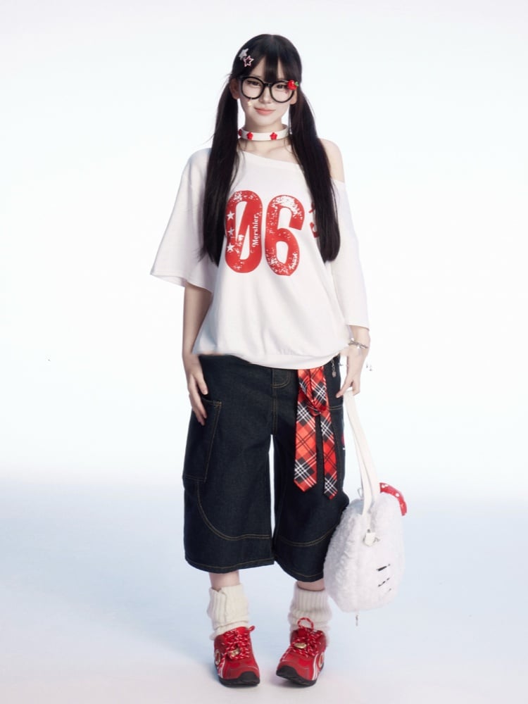 Waist Heart Embroidery Wide-leg Cargo Jeans Black Low