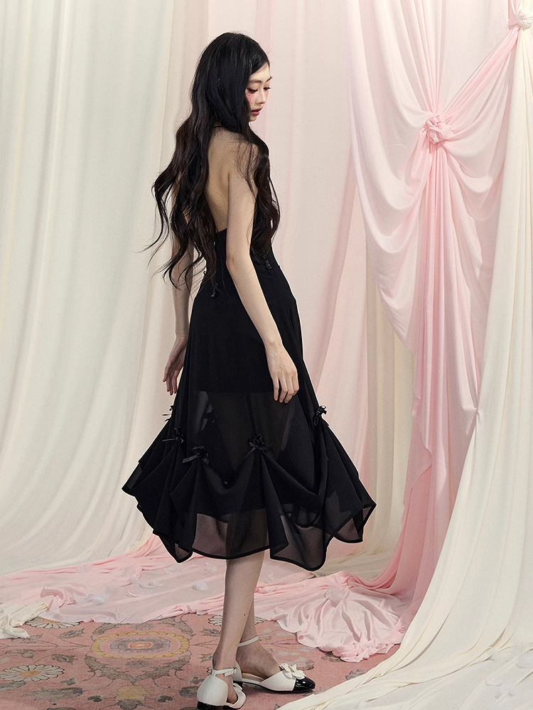 Black Halter Neck Dress Slip Ways Accents Two V-Neck Bowknot Chiffon Wear Backless