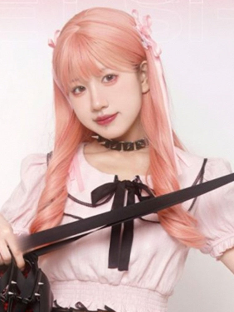 Wavy Pink 65CM Length Air Bangs With Wig