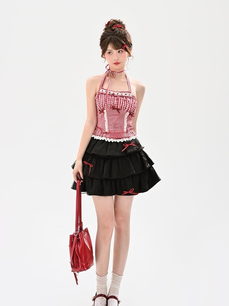 Summer Lace Trim Red White Plaid Halter Neck Top Holiday