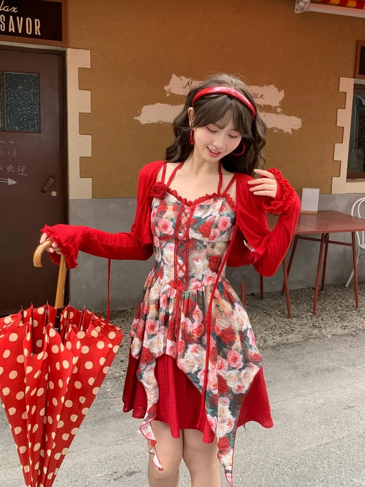 Front Red Rosette Print Cascading Ruffles Lace-up Cami Dress