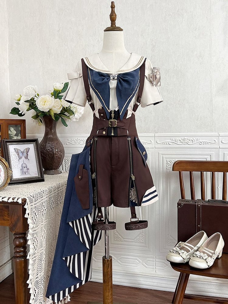 Train Shirt Blue Sailor Overall + Collar Shorts Ouji Steampunk Striped Brown Outfit Lolita -