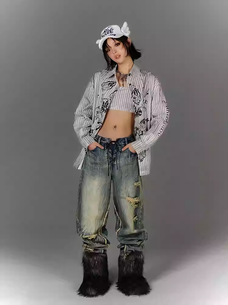 Closure Blue Low Vintage Jeans with Lace-up Waist Faded Wash Distressed Holes