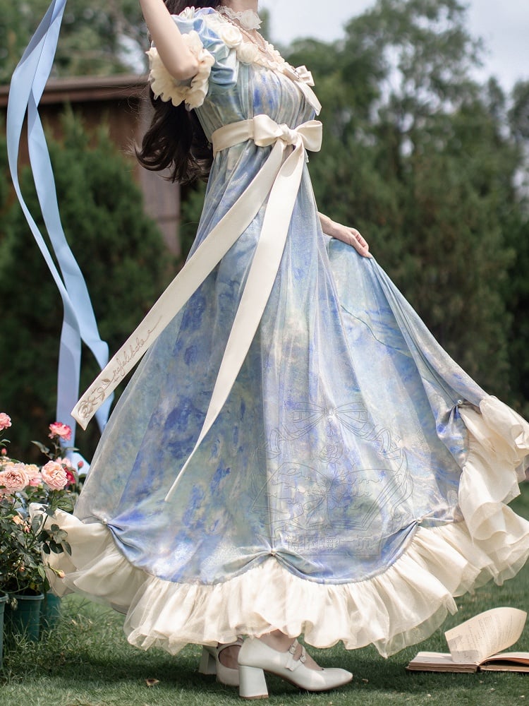 Piece Lolita Maxi One Dress Waist Elegant Classic Painting Blue Empire Oil Print