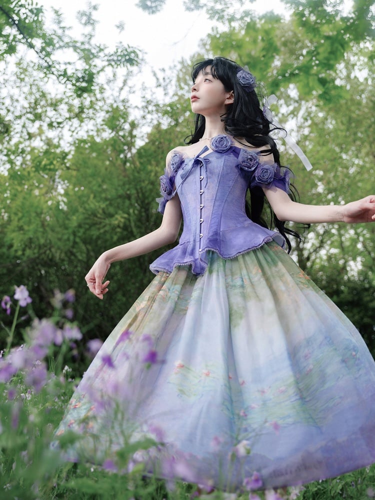 Boned Corset Top with Detachable Floral Adornments Purple Flounce Hem