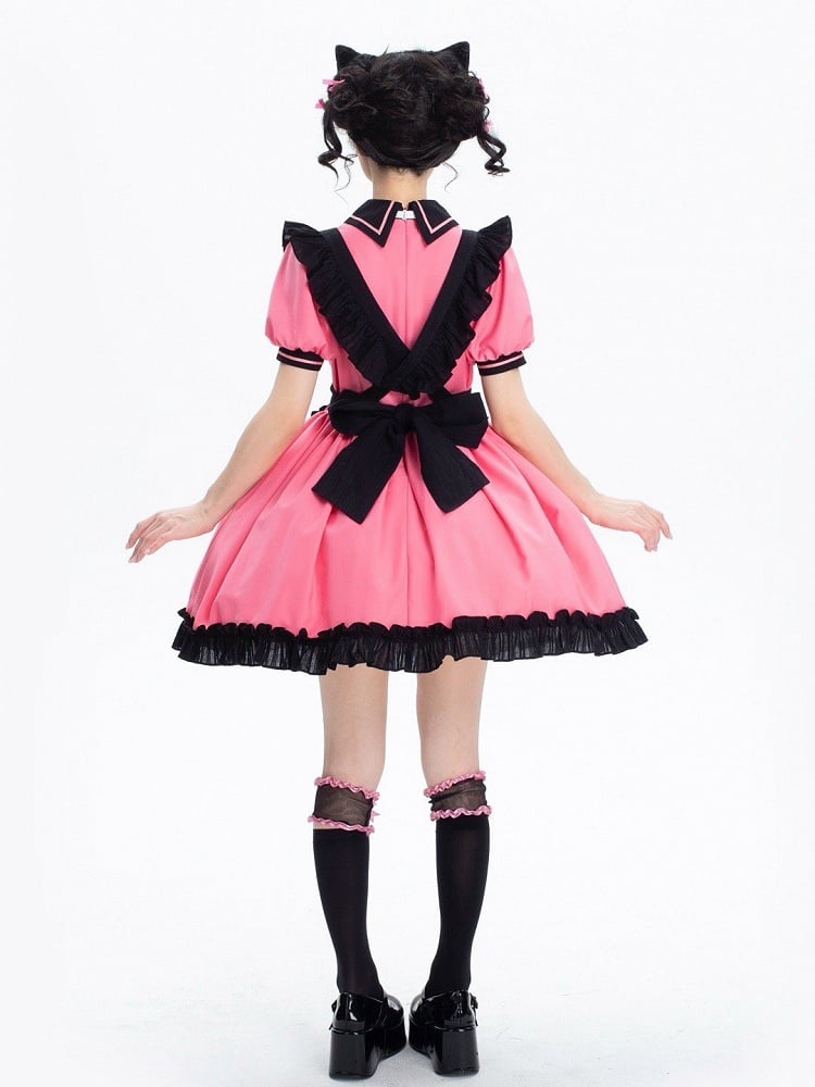 + and Black Sleeves Puff Maid Short Apron Dress Lolita Pink Kitty