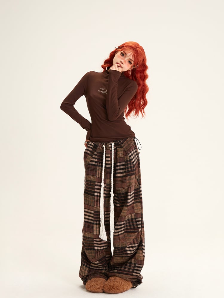 Patchwork Drawstring with Pants Waist Plaid Brown