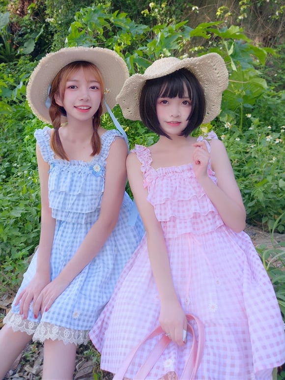 Pink Cottagecore Gingham Sundress Daisy Lace Trim Plaid Lolita Jumper Skirt