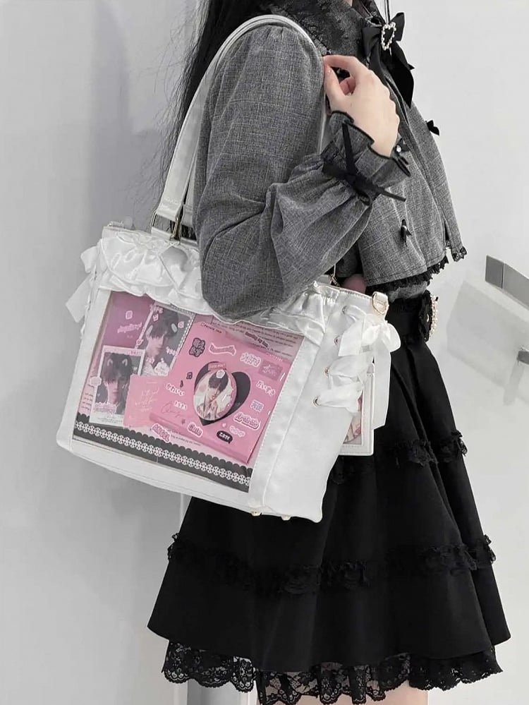 Holder Bow Bag Satin Card Ruffle White Straps Trims Ita With Self-tie