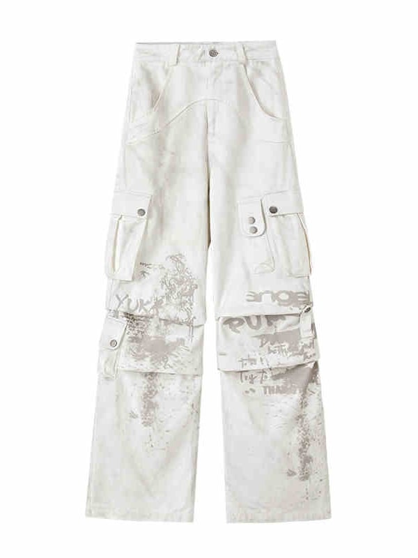 Punk-Weiße Streetwear-Cargojeans mit weitem Bein
