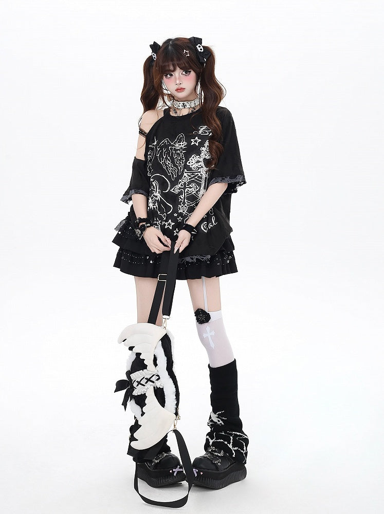 Black/Beige Cutout Shoulder Graffiti Bittersweet T-Shirt Angel Lucky