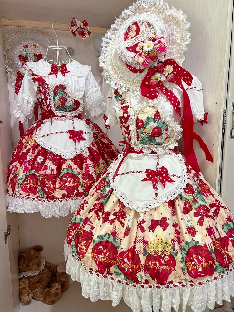 Dress Lolita Overall Heart Apricot Apron One-shoulder with Print Strap Strawberry Sweet