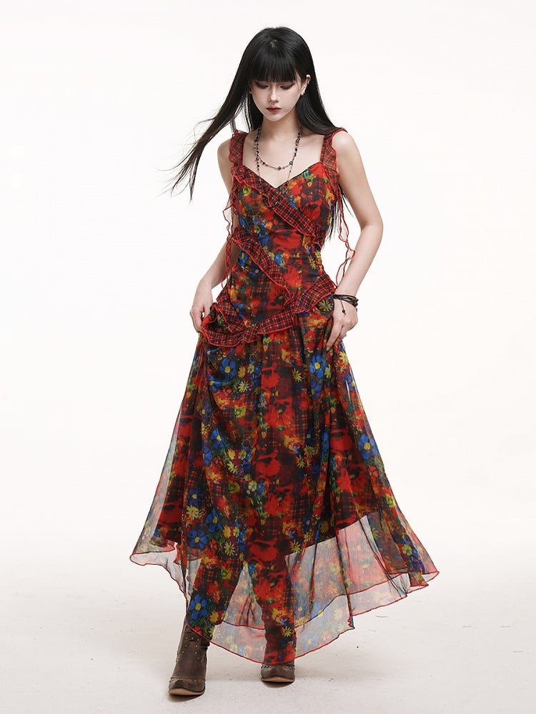 Cascading Dye Straps with Ribbon Red Slip Plaid Floral Dress Ruffles Tie