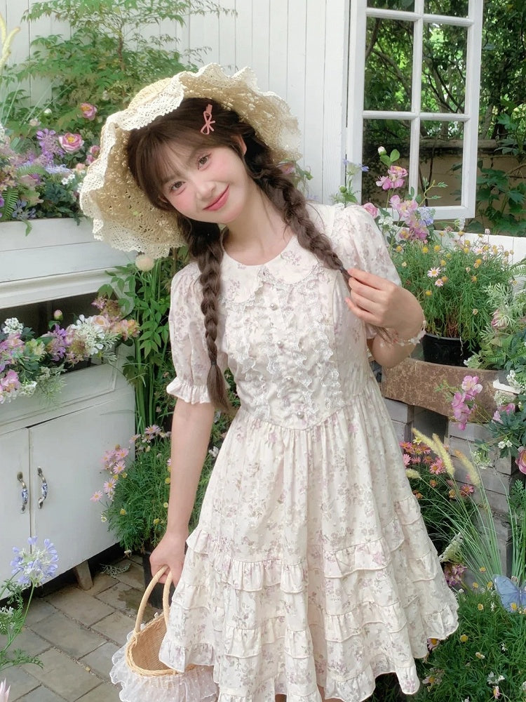 Bow Floral Dress White Peter Pan Collar Self-tie Waist Sweet