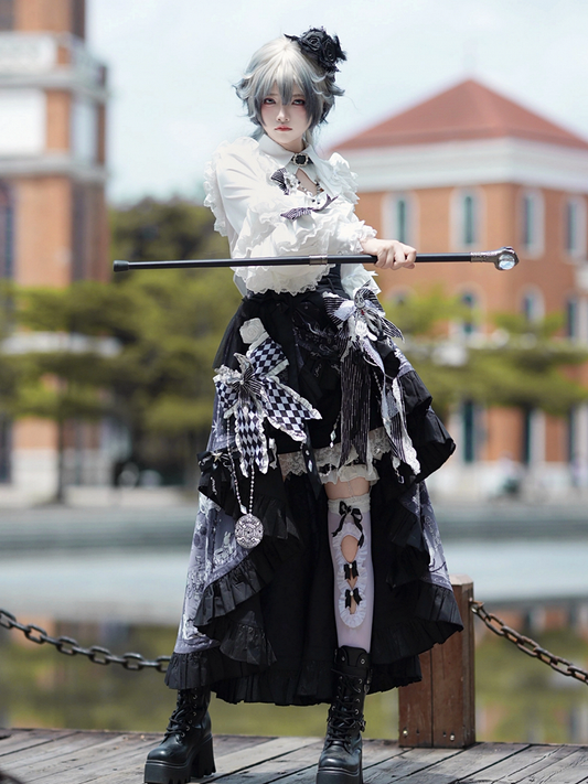 Lolita High-Low-Rock-Outfit Vibes, schwarzer Gürtel, Ouji-Shorts, Zirkus-Print + Hemd, Bunny-Korsett – Weiß