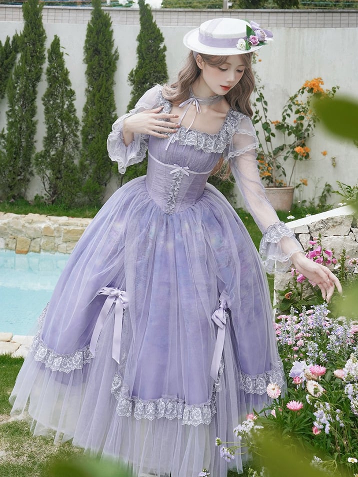 Print Lily Long Oil Dress Water Neckline Painting Sleeves Purple Lolita Skirt Classic Square