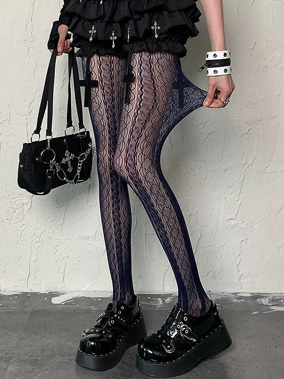 Modische, ausgehöhlte, marineblaue Y2K-Strumpfhose im Gyaru-Design