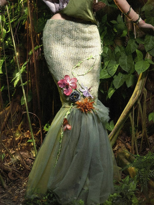 蝶と花柄のグリーンフォレストフェアリーゴスダブルレイヤーチュールヘムマーメイドスカート