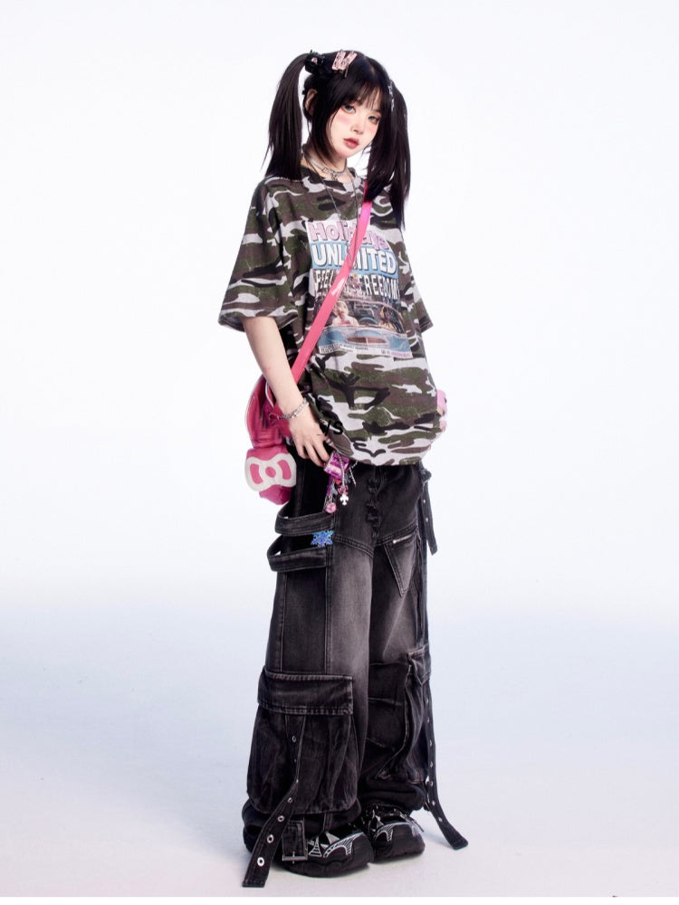 Jeans Rise Faded Wash Distressed Holes Wide-leg Cargo Black Low