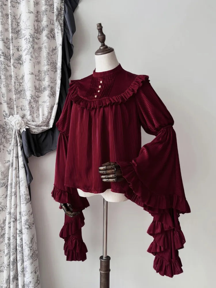 Sleeves Flounce Striped Bell Gothic Blouse Fabric Red