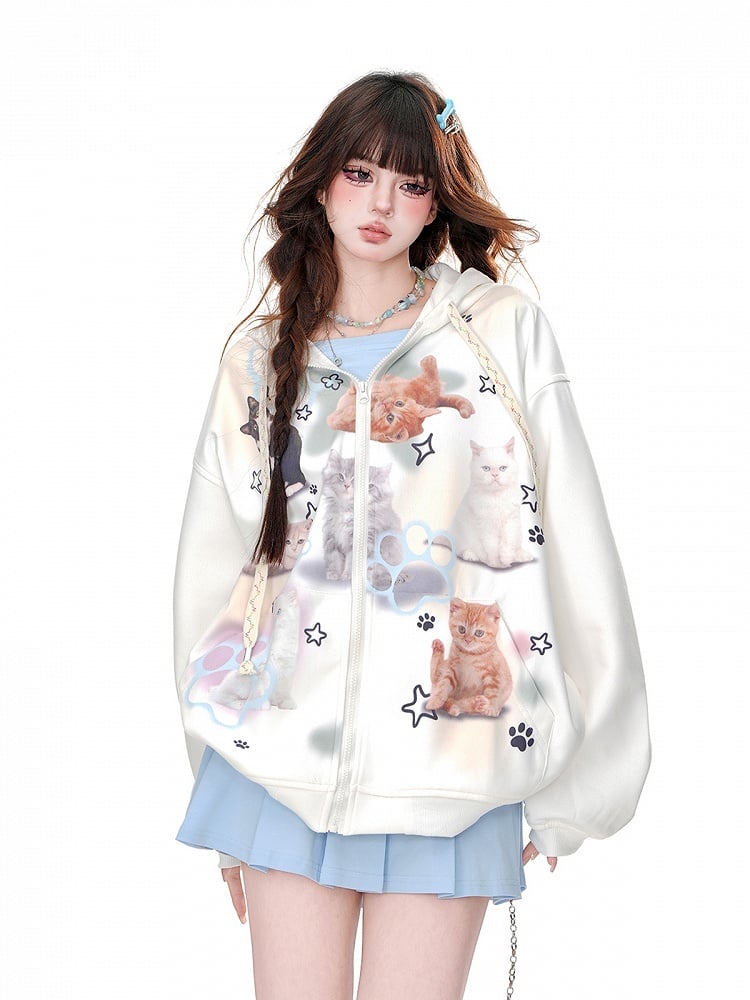 White/Blue Kitty Print Zip Closure Loose Hoodie