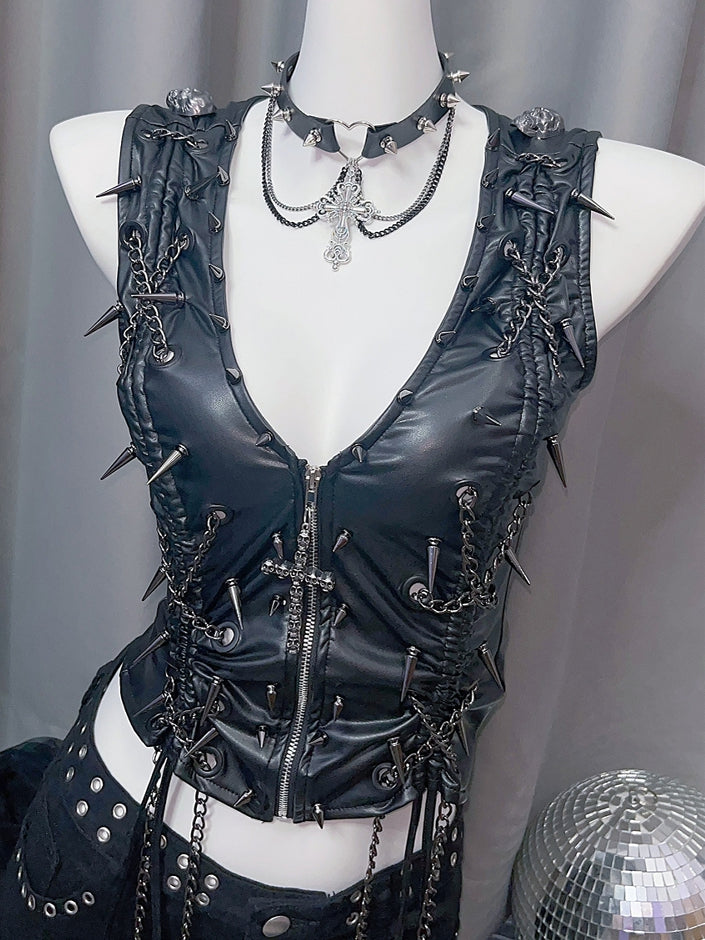 And Black Closure Studs Decorated Zipper Cross Charm Skeleton Y2K
