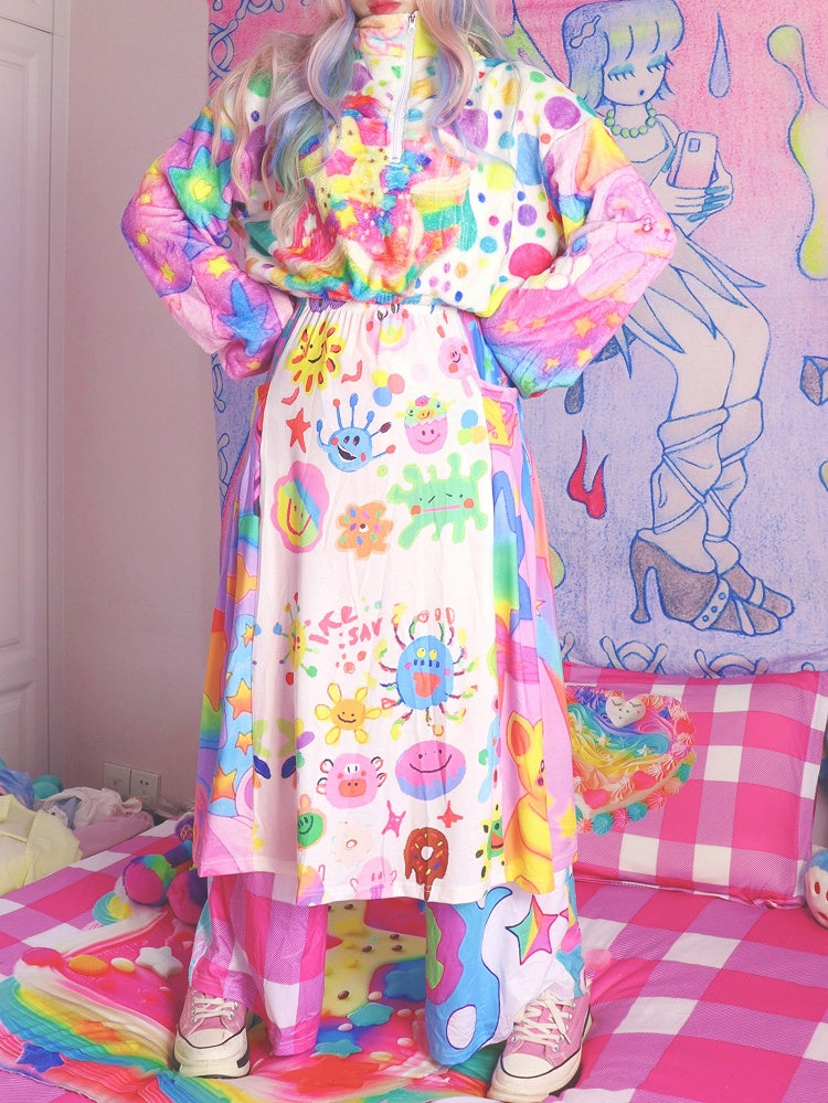 Bunter A-Linien-Rock mit Cartoon-Print und elastischer Taille im Y2K-Stil