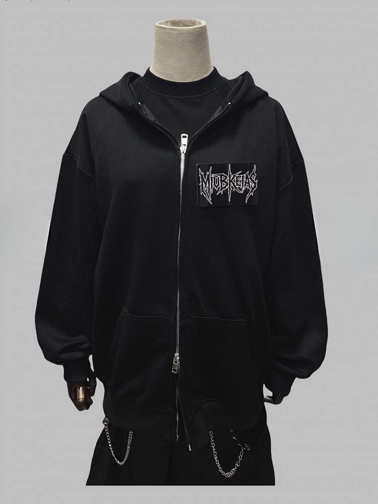 Applique Two-way Placket Zip Letter Black Jacket