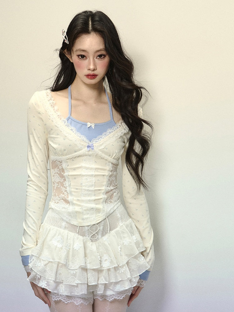 Apricot Halter Neck Lace Patches Waist Glamorous Top