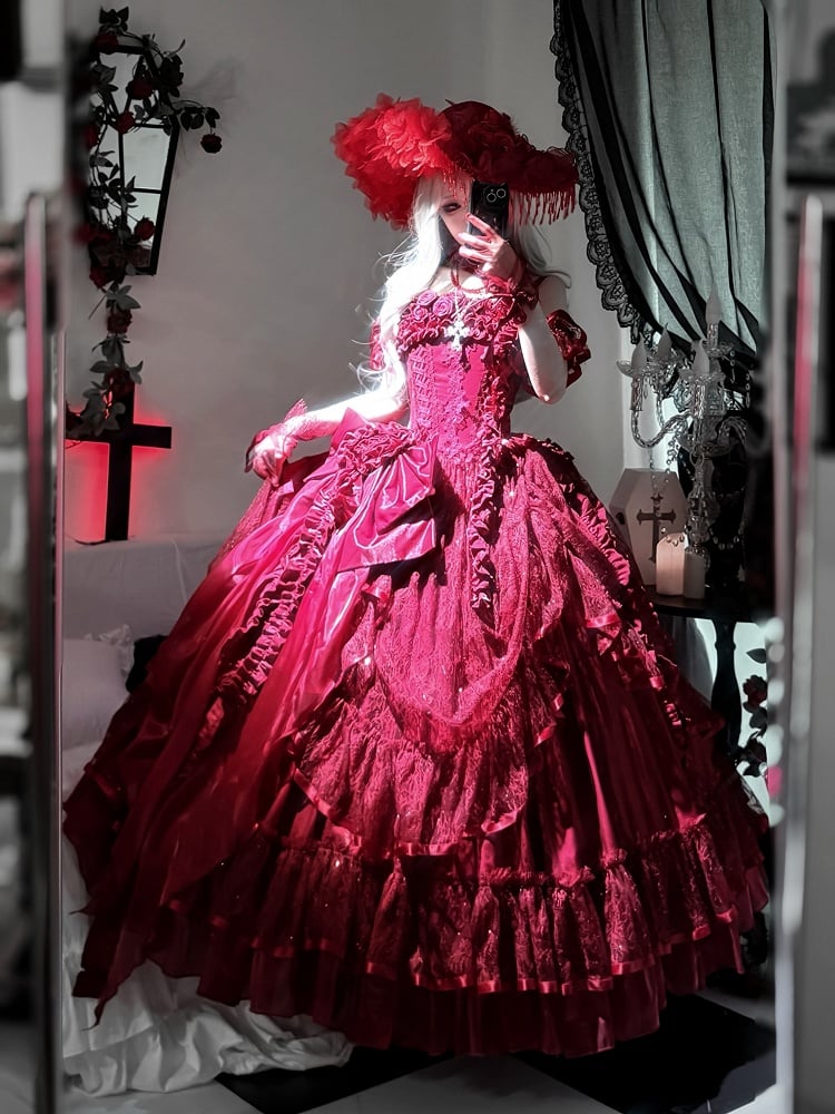 Hanayome Waist Boned Floor Corset Length Gown Hime Dress Red Ball Lolita
