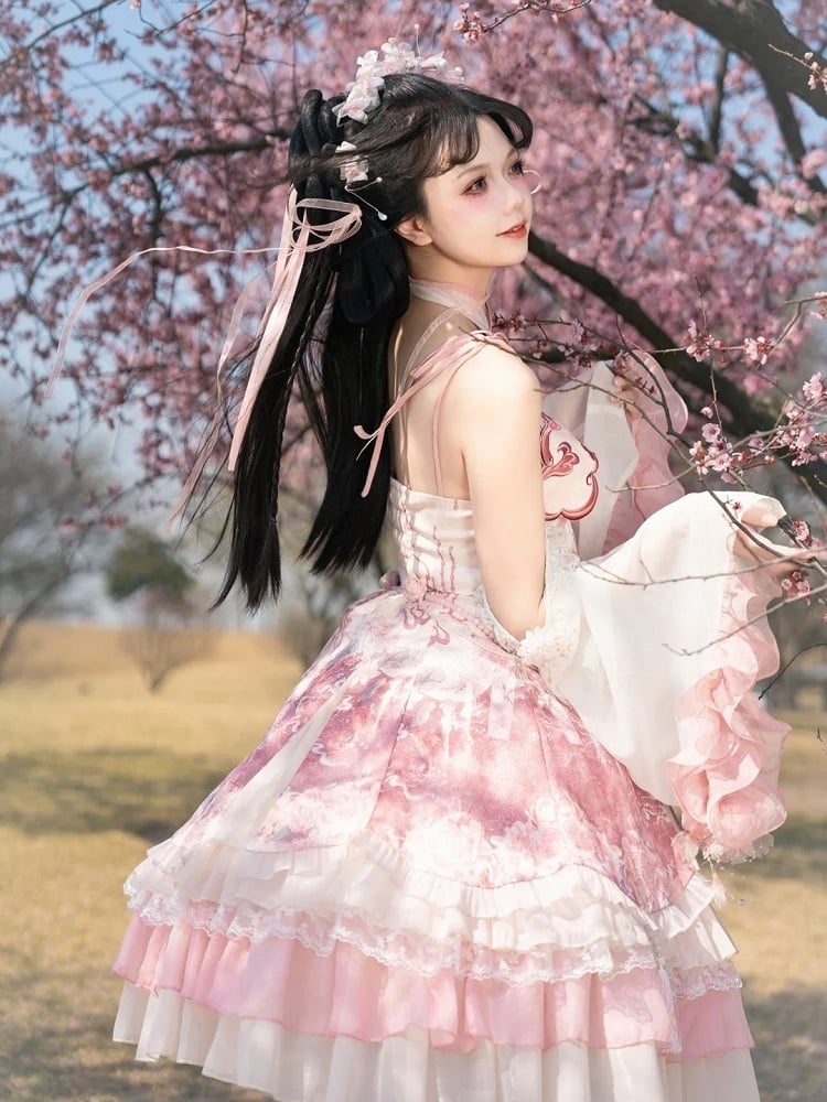 Dress Qi Cheongsam Sakura Skirt Lolita Print Jumper Pink Style