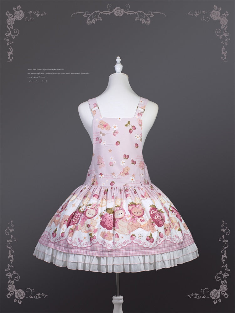 Pink Strawberry Bear Sweet Lolita Dress Cottagecore Country Jumper Skirt