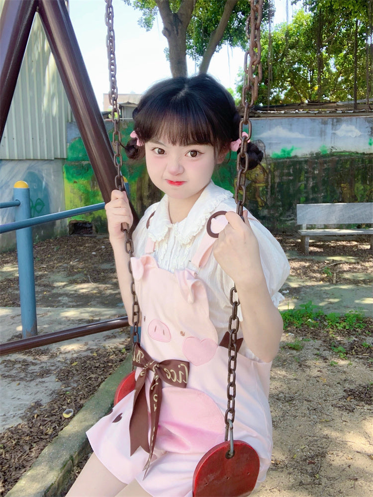 Adorable Piggy Pattern Bubble Shorts Overalls Pink