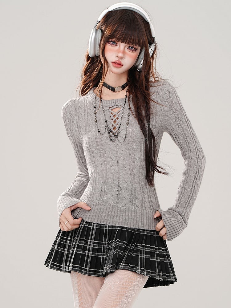 Grey Cutout Detail Round Neck Slim-fit Sweater