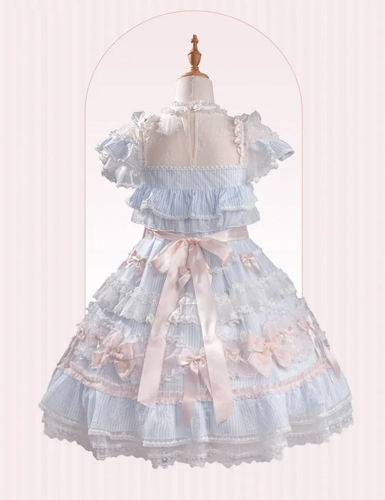 Gestreiftes Schleifenmuster Süß verziertes Kleid Lolita Blau Rosa