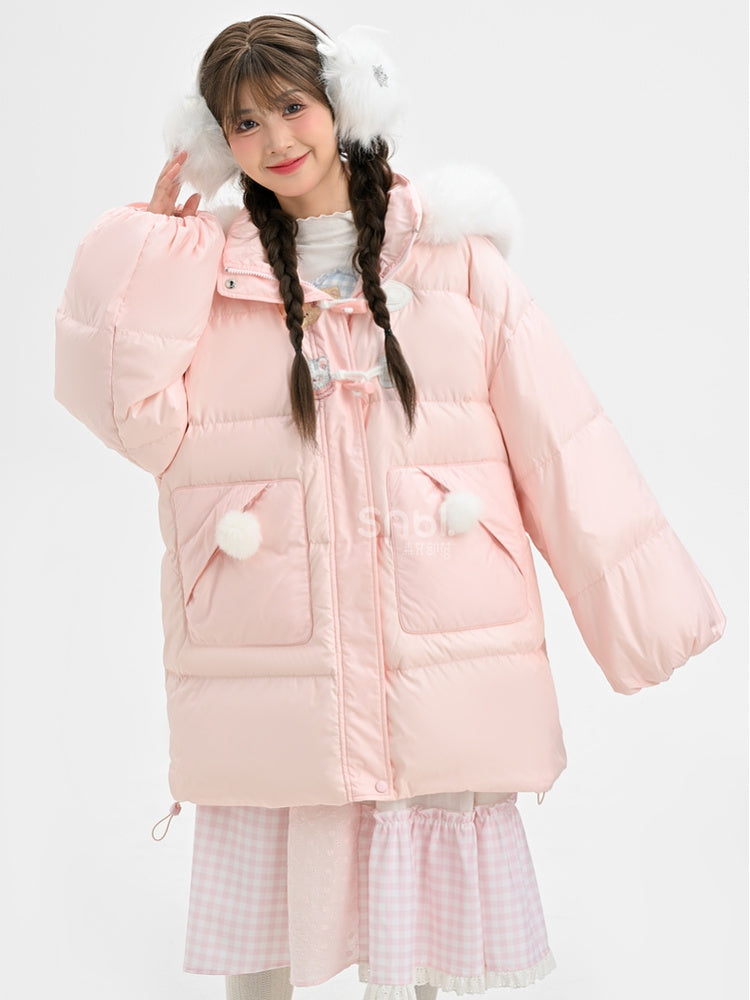 Pink Cute Bear and Kitty Plush Trim Hooded Down Coat