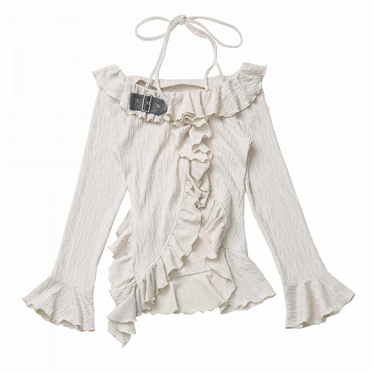 Beige/Dark Gray Halter Neck Bell Sleeves Asymmetrical Ruffled Hem Knitted Top