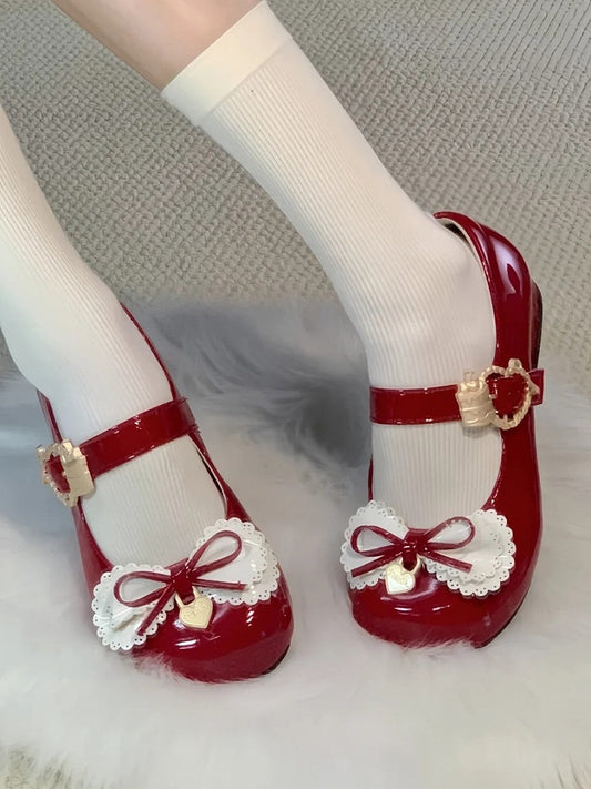 Janes Mary Täglich Bequeme Mehrschichtige Schuhe mit Niedrigem Absatz und süßen roten Schleifen Lolita -