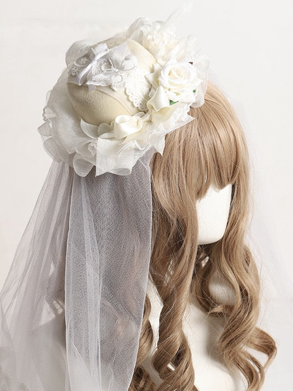 Flowers Lolita Lace Accents/Veil Butterfly Mini Hat and Yellow with
