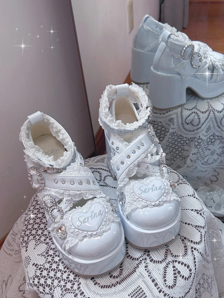 Details Platform Rhinestone Straps Jirai Lace Criss-Cross Kei with Heels: Kaiwai Light Blue Buckle Tenshi