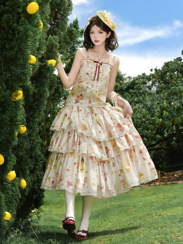 Cream Skirt Print Tiered Lolita Sweet Fruit and Dessert