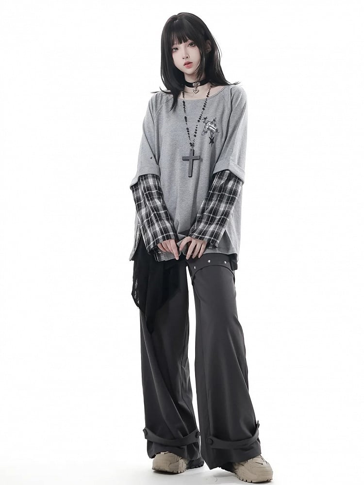 Detachable Grey Unisex Zipper Taste Studded Plaid Slit Aesthetic: with Oversized Sleeves Top