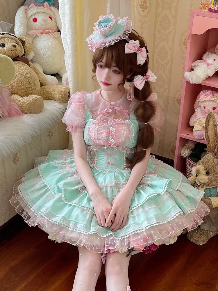 Lolita Dress Sweet Polka-dot Green Pink Heart Pattern Ruffled Heart Front Mint