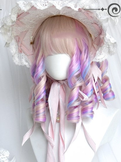 With Macaroon Roman Curly Medium Bangs Full Wigs Color