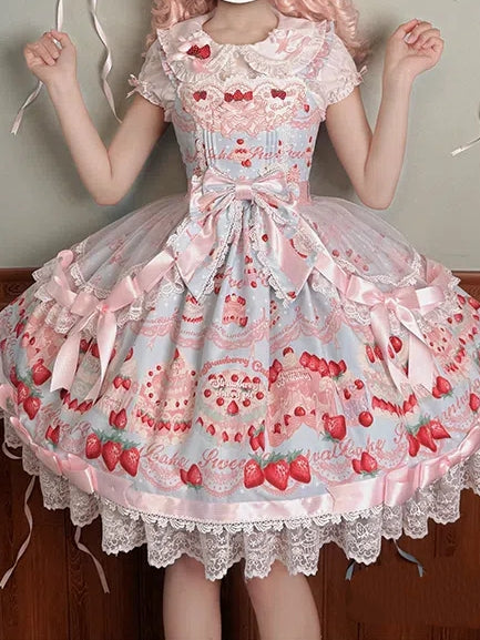 und Kleid Print Süßer Pullover Erdbeerblauer Rock Süßer Kuchen Lolita