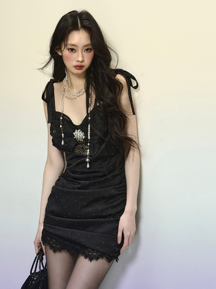 Black Butterfly Bodice Rhinestone Embellished Ruched Mini Slip Dress