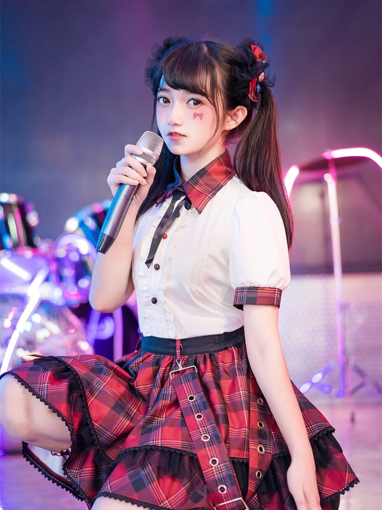 Contrast Red Plaid Trim Beige Idol Lolita Blouse with Lace-up Detail at Back