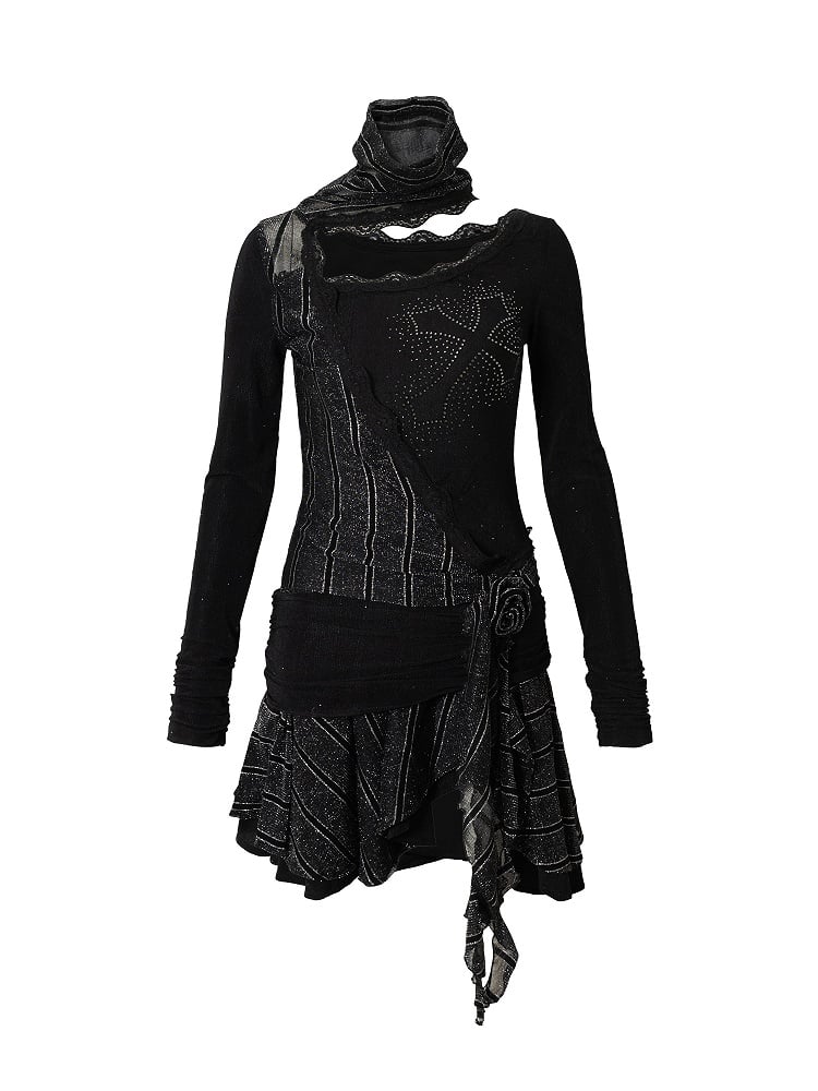 Black Ruched Rhinestone Asymmetrical Blend Cross with Dress Neck Hem