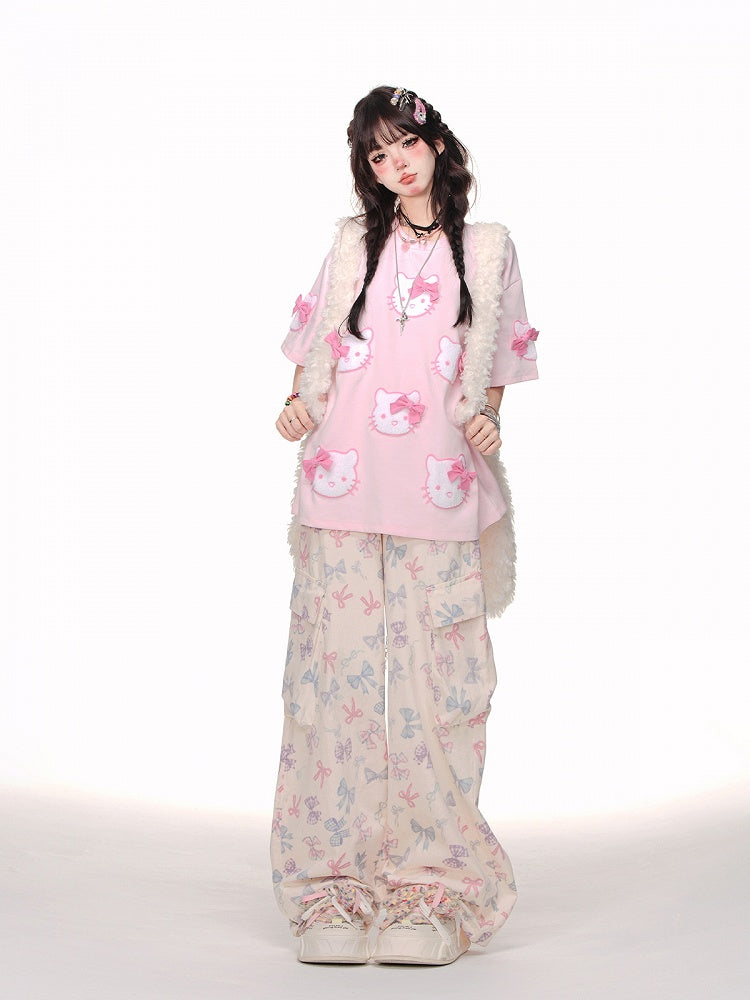 Pants Beige Cargo Wide-leg Pattern Pockets Cut Bowknot