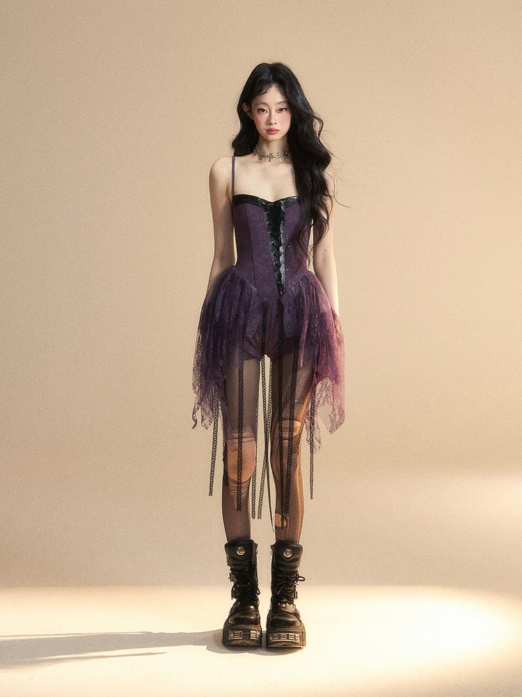 Saum Slip Kleid vorne asymmetrische Spitze Detail Shorts lila Basken Taille Schnürung mit glamourösen